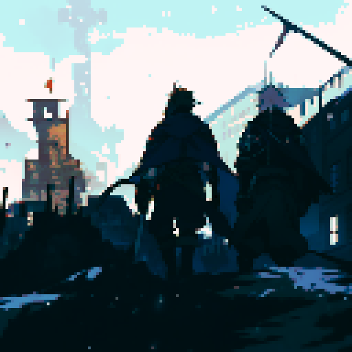 Final fantasy tactics detail soldier walking towards war torn city with a panzer faust on his back and a rifle in his hand. A Squad Mate of his is looking towards him in background, he has a cape on and a hood. City has snow on it. Colorful but not to bright of colors. 