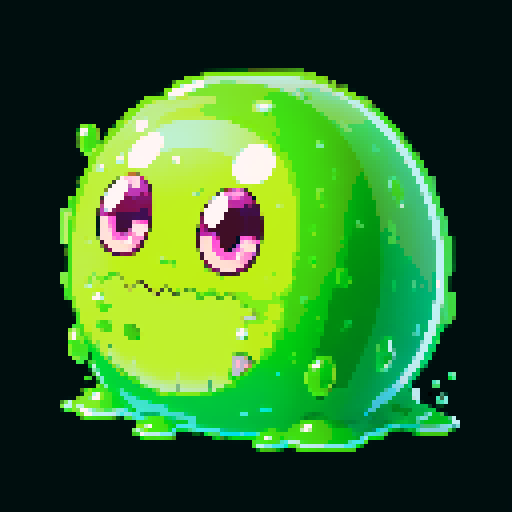 A gigantic, fearsome slime with a corrosive green body. It has a vicious expression, with small bubbles of acid forming and popping inside its gelatinous form. No background.
