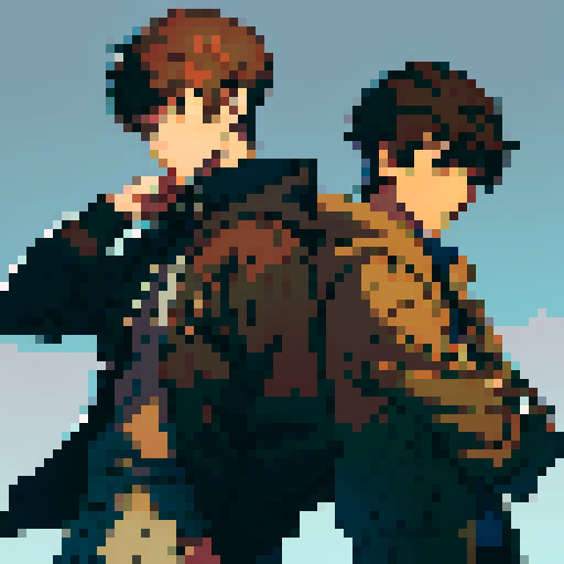 Persona style. Two men, one with medium length brown hair and grey hoodie under a brown jacket, next to a short haired man in a graphic t-shirt and collared shirt, in sRGB pixel art style