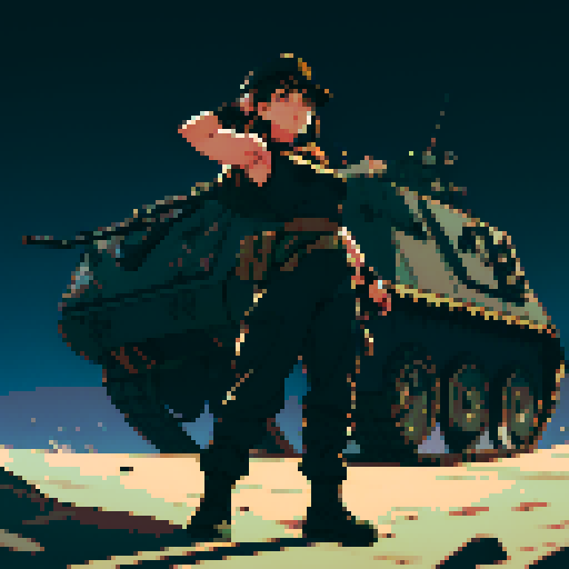 full-body image, muscle girl, female, thick biceps, big shoulders, big fists, muscular physique, thick waist, facing left, ready to fight, exaggerated proportions, black military uniform, black hat, military backdrop, sRGB, pixel art, army behind her, military behind her, army in background, army, soldiers