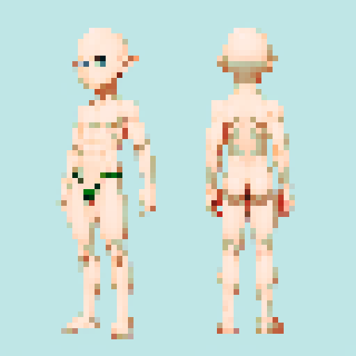 character sheet of a chibi-style elf boy with no hair or clothes, serving as a fully customizable base model. The character has short legs and simple features