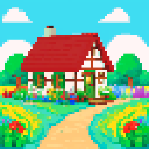an adorable cottagecore cottage with a winding path and garden of wildflowers limited colors