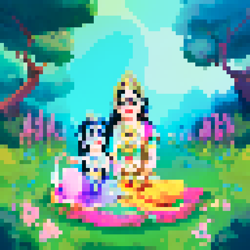 beautiful goddess RADHA ji and KRISHNA ji sitting on hammock and trees and greenery background