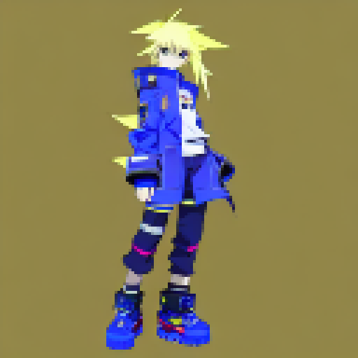 A cyberpunk themed character with yellow hair that has black highlights, with an oversized blue jacket, standing idle like a JRPG battle idle pose. No background.