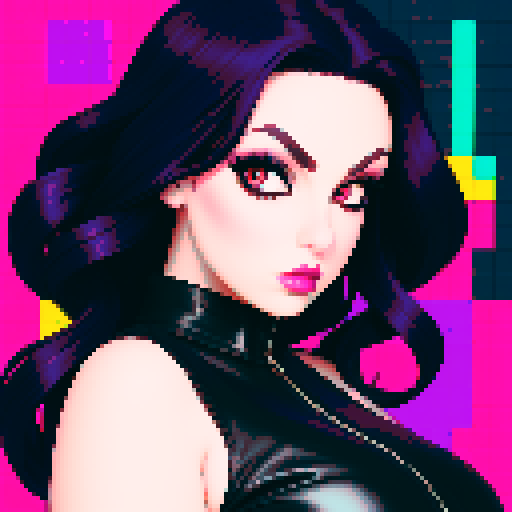 curvy, busty goth girl, close up face glamour shot, leather clothing, modern tile backsplash, vivid colors, pixel art, sRGB