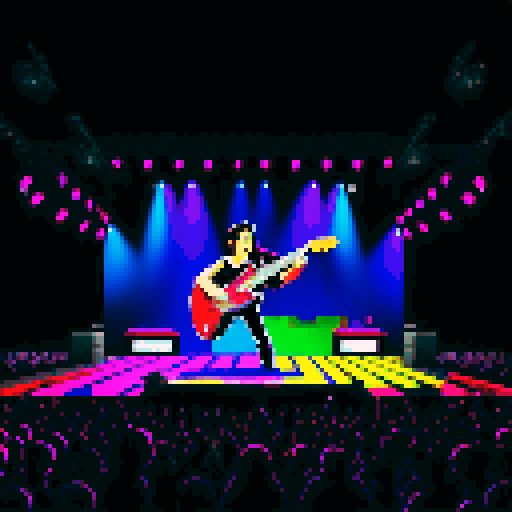 Bruce Springsteen silhouette, bold black lines, vibrant colors, pixelated style, sRGB palette, energetic stage presence, iconic guitar stance, dynamic pixel art rendition, nostalgic 8-bit graphics, electric atmosphere, captivating stage lighting, pixel-perfect details, retro video game vibes, crowd cheering, pulsating rock music, powerful lyrics