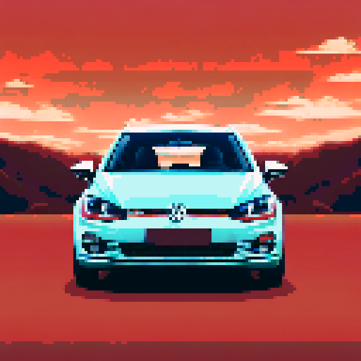 Photorealistic whole Volkswagen Golf, centered, three-quarter view, right front wheel, clean background, realistic colors, pixel art style
