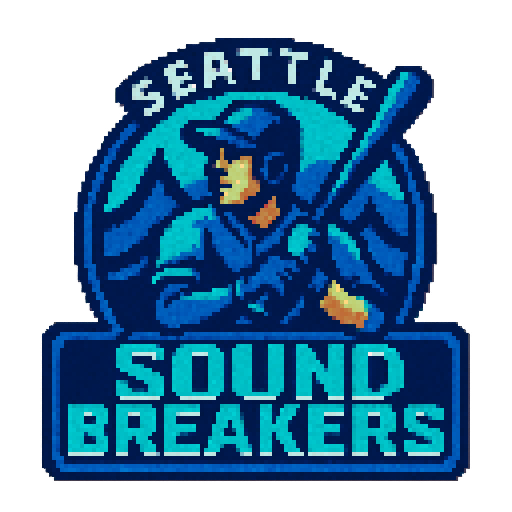 Pixel art of a fictional baseball team called the Seattle Sound Breakers. blue, teal, and dark blue, sharp outlines, and soft pixel shading. The logo design mimics 80s MLB logos. Use a vibrant Sega Genesis 16-bit style with selective dithering, geometric forms, and nostalgic retro charm. Avoid modern gradients—keep it pure pixel art.