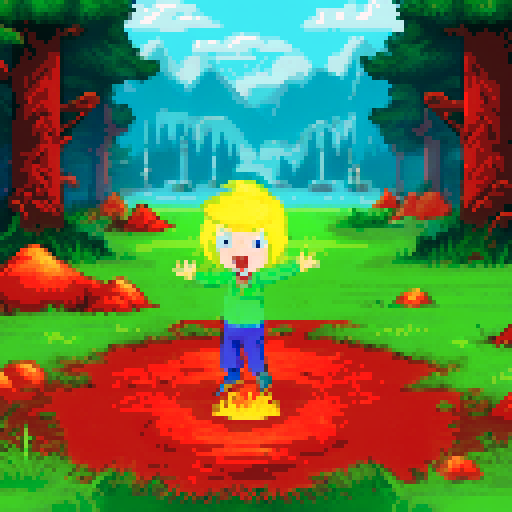 Angry little girl with blonde hair wearing a red pointy hat in a green forest next to a campfire