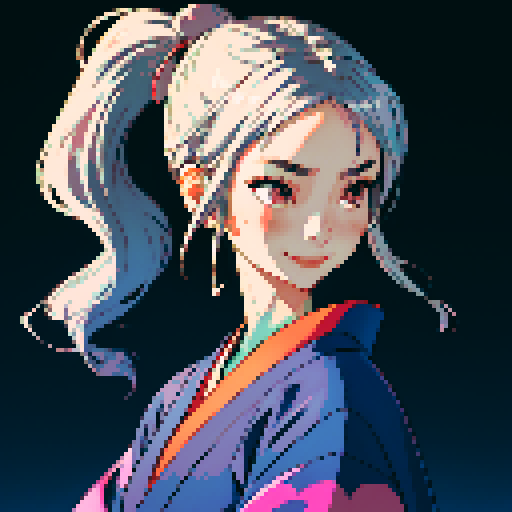Silver-haired girl wearing a traditional Japanese kimono with a ponytail hairstyle, the color of the kimono is brown She has a smiling expression, surrounded by flying glowing goldfish, against a cyberpunk night scene background in pixel art style