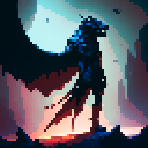 Dark, fierce, and stunning, a chimera with a blend of black and red, depicted in pixel art with vibrant sRGB colors
