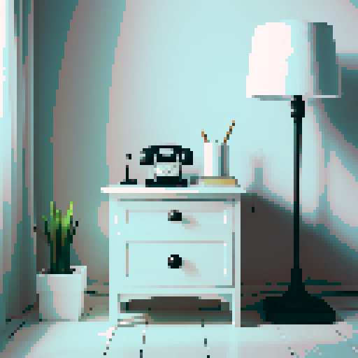 White nightstand, old black telephone on top, white tall floor lamp to right
