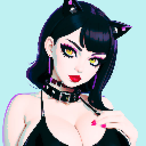 Cat girl, curvy, cute goth girl with black hair, purple eyeshadow, and red lipstick, wearing a bikini, studded collar, in a glamour shot, sRGB color