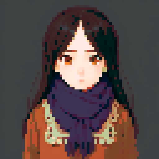 normal dark-haired girl with scarf, long hair, expressive eyes, soft shading, intricate details, whimsical charm, seamless pixelation, sad melancholy