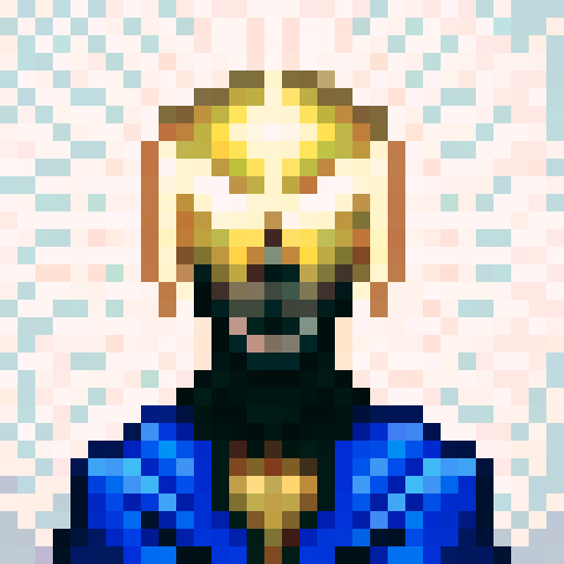 A character with a head cover, vibrant colors, stylized features, intricate details, symmetrical design, and glowing effects in a 32x32 pixel art game icon using sRGB skill art