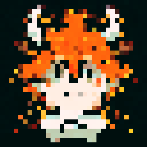 A pixel art portrait of a bull with a neutral expression, featuring a minimalist design with light skin tone, and brown eyes. Set against a solid orange background. The style is reminiscent of early video game characters, with a square aspect ratio.
