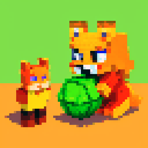 a tomato and a fox warrior in front of a minecraft-y background