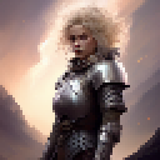 Blonde female knight, stoic expression, medieval armor, wielding a gleaming sword, standing on top of a rocky cliff with stormy clouds in the background, depicted in a realistic art style.