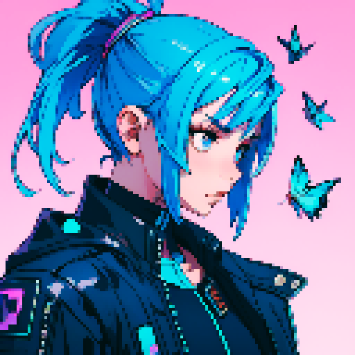Girl with blue hair and blue butterflies, cyberpunk city background
