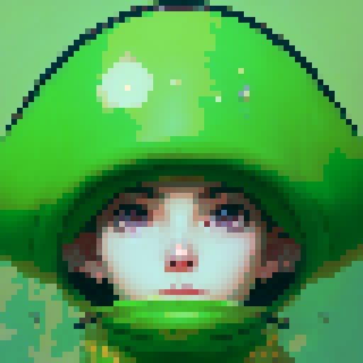 "Mushroom Boy stares directly at the viewer with wide, innocent eyes, his rounded, red mushroom cap contrasting against his pale skin in a pixelated, anime-inspired close-up portrait."