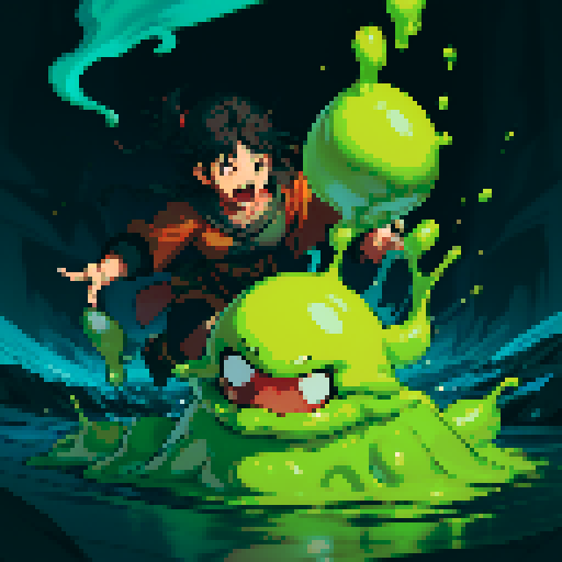 slime surging up around someone, slime engulfing a hero, slime consuming a hero, hero getting engulfed by slime, slime attack, dynamic, slime slamming into someone, impact, splashing slime, full-body image, full-body art, black hair, brown outfit