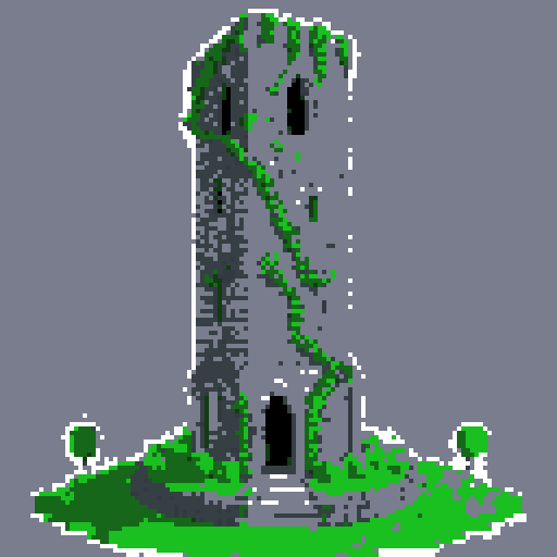 2d grey stone tower in an ancient english style. Old and crumbling but still upright. Green vines crisscross it. Usable as an asset (clear, thick lines and a white background). Put a black stroke around the composition