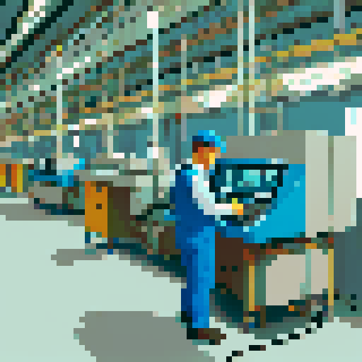 Blue collar male worker operating machinery in a production facility