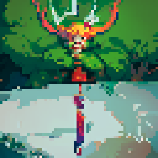 cute chibi, fleshy creature with thorny iron crown, vibrant colors, sharp lines, playful expression, hovering above ground, tuning forks for hands and feet, pixel art, sRGB