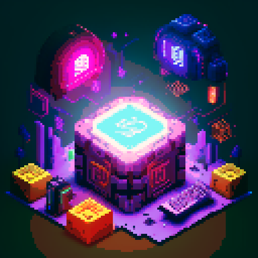 lootbox, futuristic crate, glowing buttons, golden box center with sei crypto network logo in middle, intricate details, pixel art style