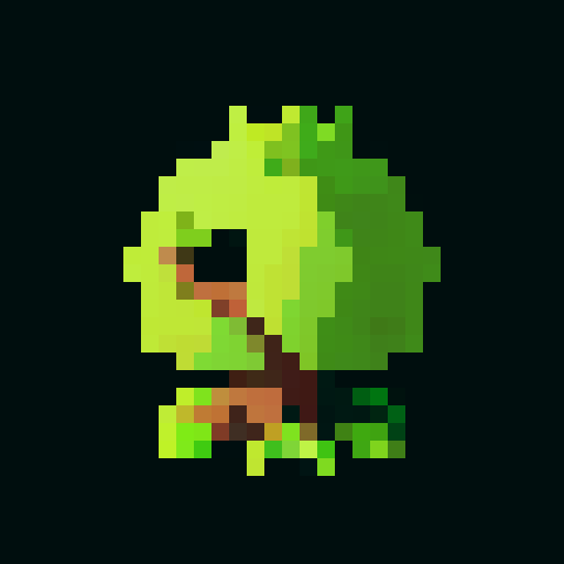 A small, young tree-like creature with tender green leaves sprouting from its branches. It has a slender trunk with light brown bark and a pair of bright, curious eyes. The sapling has a gentle, hopeful expression and stands firmly on its roots. No background.
