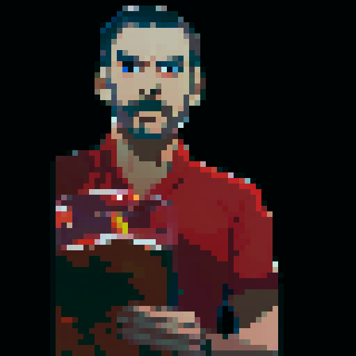 person with fire nation attire, holding an old fashioned glass with ice cubes, orange pixelated flames surrounding them, vibrant red and gold color palette, pixelated smoke rising from the glass