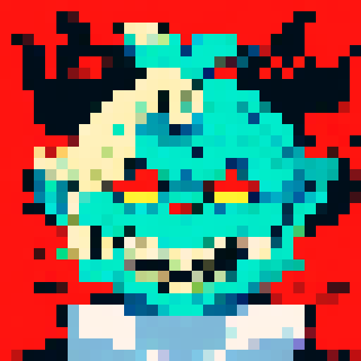 demon monster head with teal skin and fiery eyes, large mouth, ugly teeth, close up character portrait, anime style, pixel art