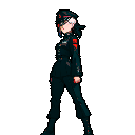 Full-body image, Female nazi general with stern expression, wearing a black uniform adorned with a skull, black hat with a skull, broad shoulders, muscular, standing in a pixel art depiction with sharp lines and vibrant sRGB colors