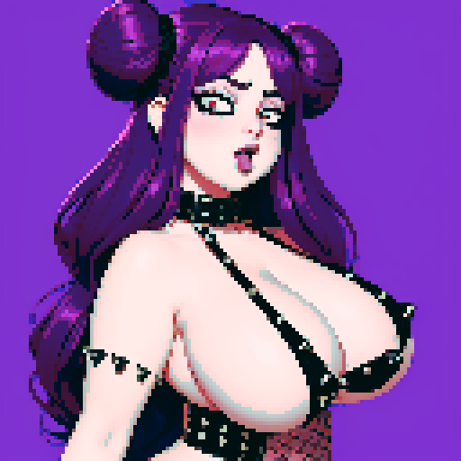 Nude portrait of thicc, curvy, and busty goth babe with studded collar, ahegao face, long purple hair in buns, fishnet stockings, halter top, sRGB color