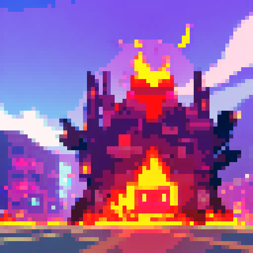 A raging inferno engulfs a tiny metropolis, with sinister skulls appearing in the flames and their ghostly visages haunting the smoke, all rendered in vibrant pixel art