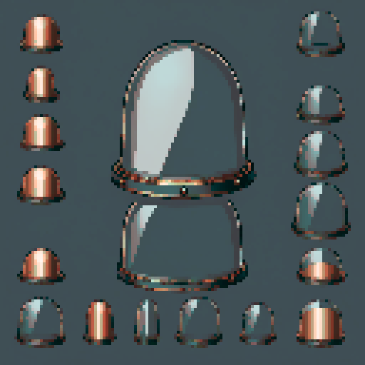 I want a rounded transparent glass half-dome with copper trim and copper rivets around the bottom edge. I want this object usable an asset in a videogame, meaning only one object per image, outlined with a strong black stroke.