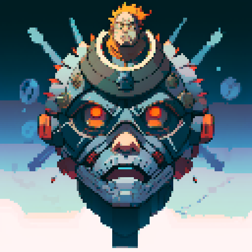 fat mad scientist, facing left, alone, full-body image, exaggerated features, pixelated details, robot workshop backdrop, machine parts, gears, sRGB color palette