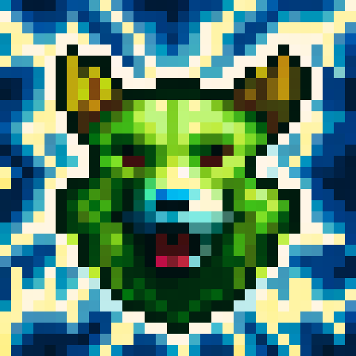 corrupted plastic waste wolf, rabid, forest biome, isometric view, cartoony, larger head, pixel art character sheet