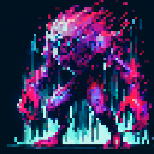 intimidating dark purple humanoid demon with many eyes, glitchy aura, fantasy RPG