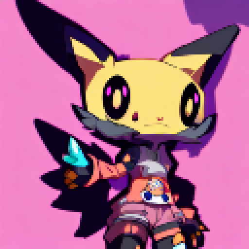 Bunny, big-eyed and kawaii, brandishing a sleek and shiny handgun, set against a vibrant, color-saturated anime background.