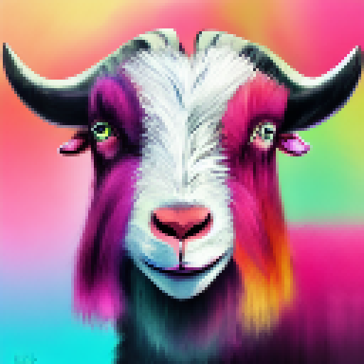 Goat, with shaggy fur and curved horns, stands confidently in front of towering speakers, blasting music and creating a vibrant landscape portrait.