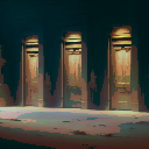 row of many weathered wooden doors, adorned with intricate carvings and glowing runes, leading to realms unknown, in a dimly lit chamber filled with mystical artifacts and flickering torches