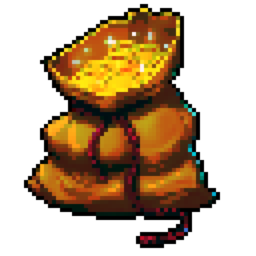 A bulging sack of golden coins, its rich, velvety fabric cinched with a crimson rope, overflowing with shimmering treasure. Each coin gleams with a warm, enchanted glow, catching the light with a touch of magic. Rendered in a vibrant, fantasy-inspired digital painting, set against a swirling cosmic backdrop,   as a 32x32 pixel game icon, rendered with skillful pixel art in sRGB colors
