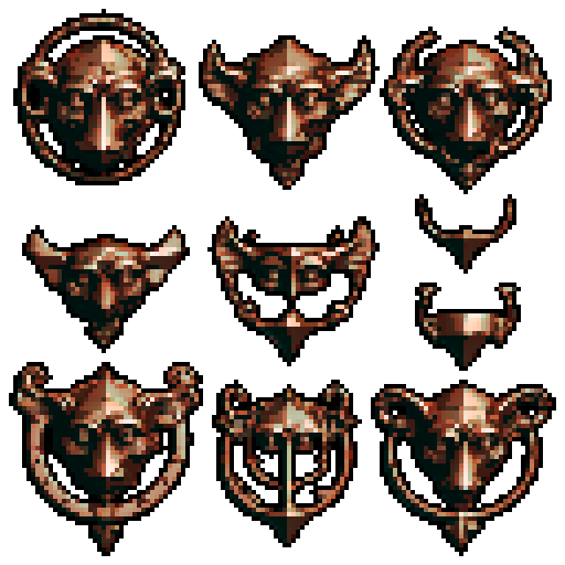 simple, geometrical pieces copper from old door knocker and gargoyles. Steampunk. It should be seen as if on a wall, with no perspective, on a solid-color background. There should one be two or three pieces in each frame, it shouldn't be complete.