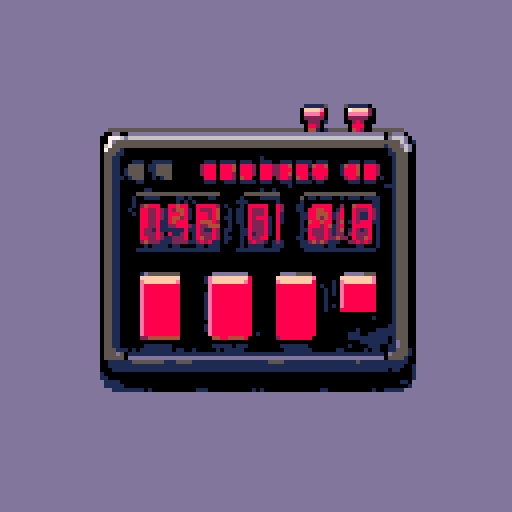 bomb control panel, countdown timer with bold red numbers, two large buttons on either side, pixel art style with vibrant colors and sharp edges, sRGB color space
