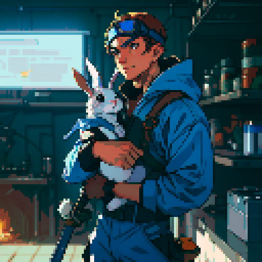 Please give me a rabbit character in blue coveralls with welding goggles on his head, carrying a giant wrench