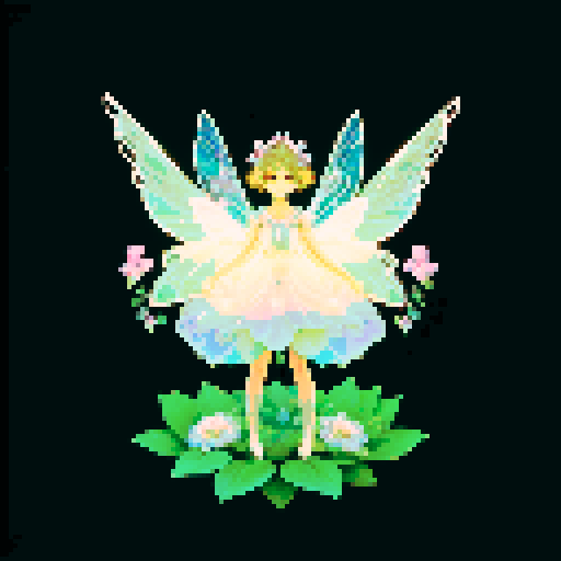 A delicate, fairy-like creature with translucent wings, a body adorned with blooming flowers, and glowing eyes. It has a serene expression and emits a soft, magical light. It moves gracefully through the air. No background.
