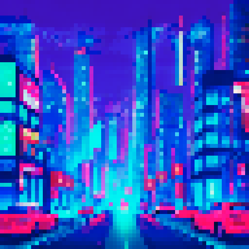 Sleek black Dodge Charger 2020, roaring down a winding road in a vibrant, neon-lit cityscape, with pixelated skyscrapers and a moody sRGB background