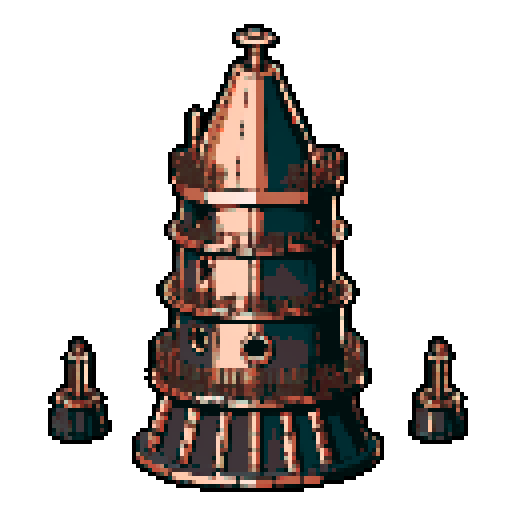 I want a copper structure reminiscent of the base of a gun turret, seen from a head on two dimensional perspective. The design should be relatively simple. I also want this object usable as an asset in a videogame, meaning only one object per image, outlined with a strong black stroke, on a solid-color background.
