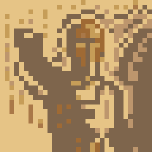 Human figure , faceless, nude, wielding a bow or throwing object, targeting animal, greenery background, pixel art, sRGB